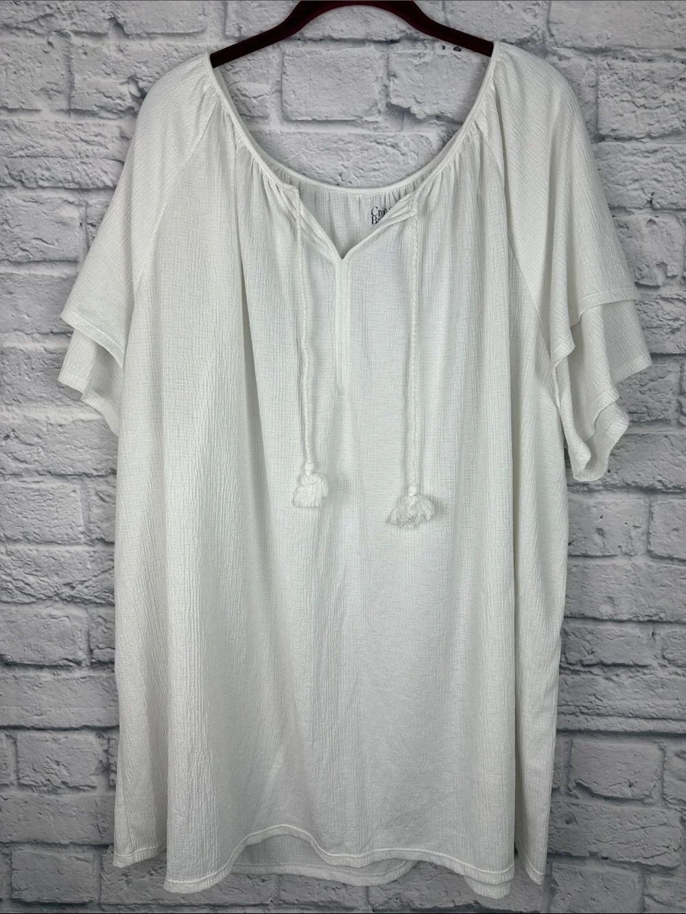 Croft & Barrow White Gauze Peasant Top with Tassel Tie Size 3X